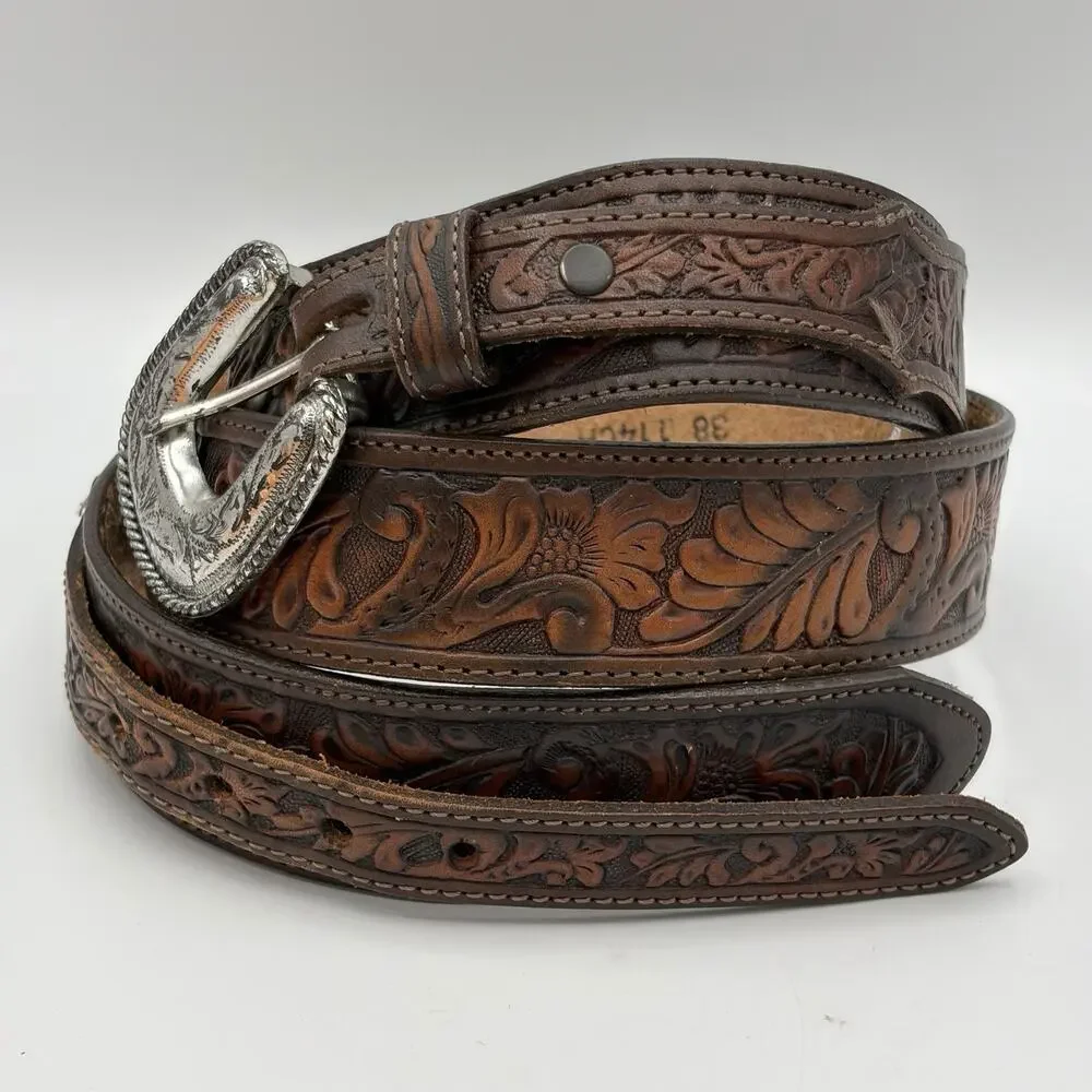 Justin Men’s Brown Leather Ranger Belt Silver Tone Accents Size 38 USA 114CH